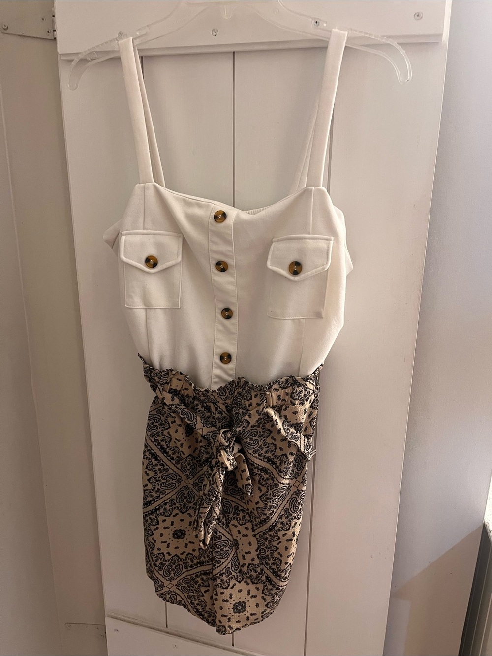 Justify Cream & Tan Printed Paperbag Waist Romper